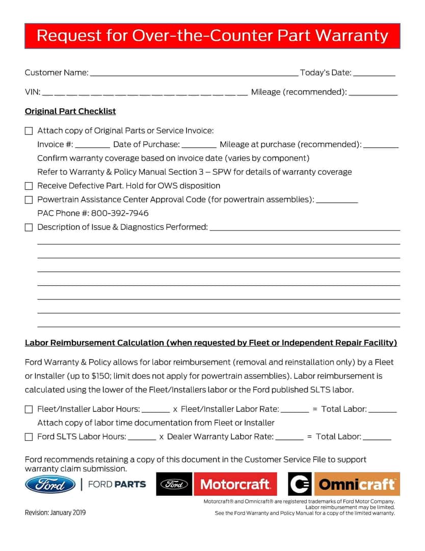 request for over the counter part warranty