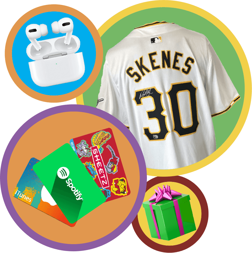 AirPods Pro, Paul Skenes jersey, gift cards and a wrapped gift
