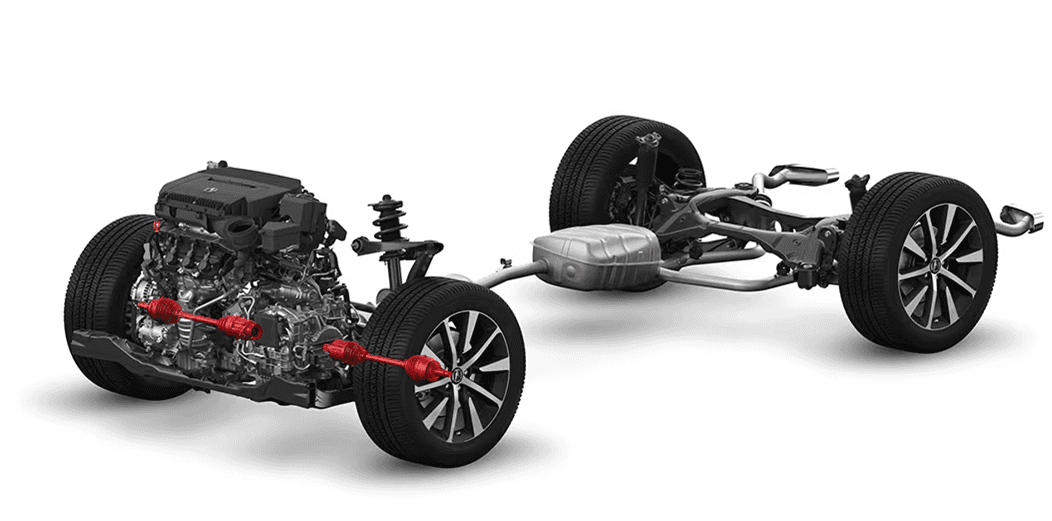 Cutaway diagram of 2026 Acura MDX front-wheel-drive powertrain with red driveshafts