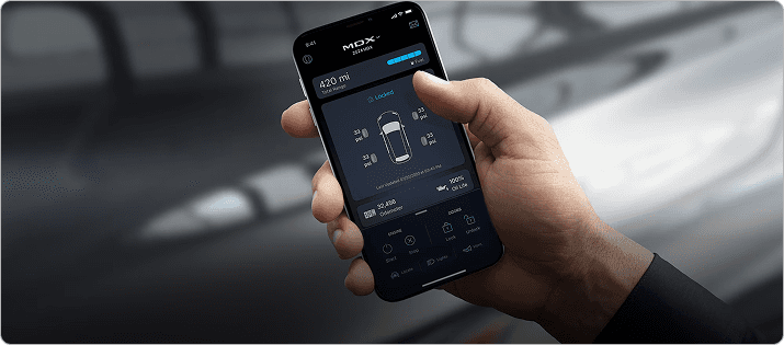 AcuraLink Connected Services app on smartphone showing 2026 MDX status