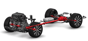 Cutaway diagram of 2026 Acura MDX Super Handling All-Wheel Drive powertrain with red driveshafts to all four wheels