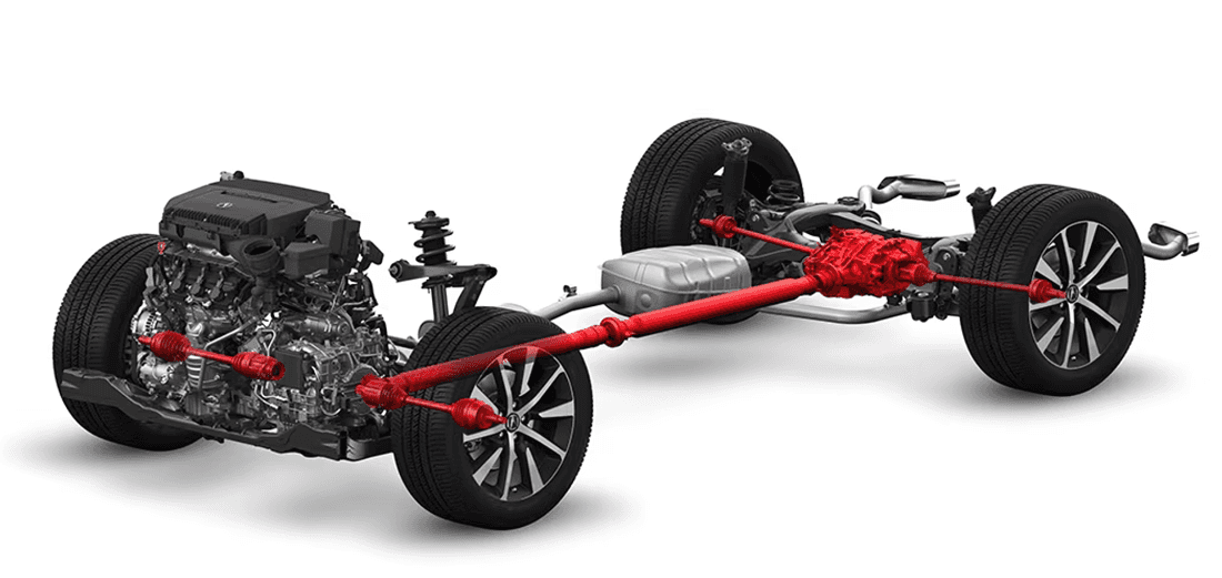 Cutaway diagram of 2026 Acura MDX Super Handling All-Wheel Drive powertrain with red driveshafts to all four wheels