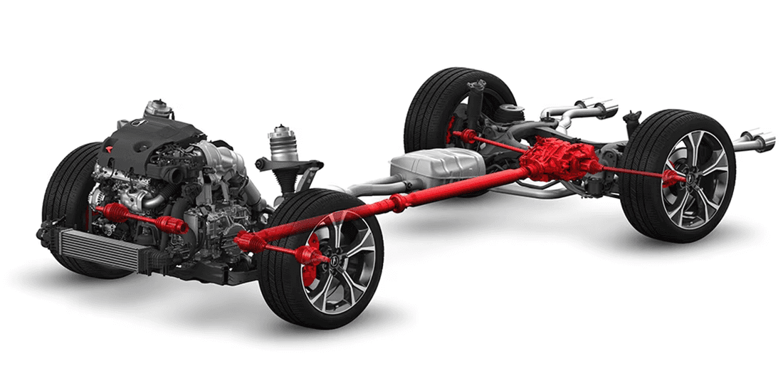 Cutaway diagram of 2026 Acura MDX Type S turbocharged 3.0L V-6 powertrain with red SH-AWD driveshafts