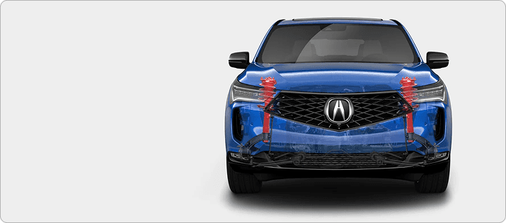 2026 Acura RDX front view with double-wishbone suspension highlighted in red