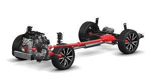 Cutaway diagram of 2026 Acura RDX Super Handling All-Wheel Drive powertrain with red driveshafts to all four wheels