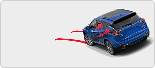 Rear three-quarter view of 2026 Acura RDX with red lines illustrating steering agility