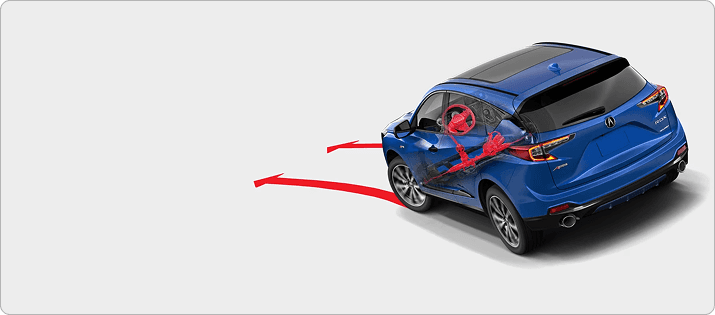 Rear three-quarter view of 2026 Acura RDX with red lines illustrating steering agility