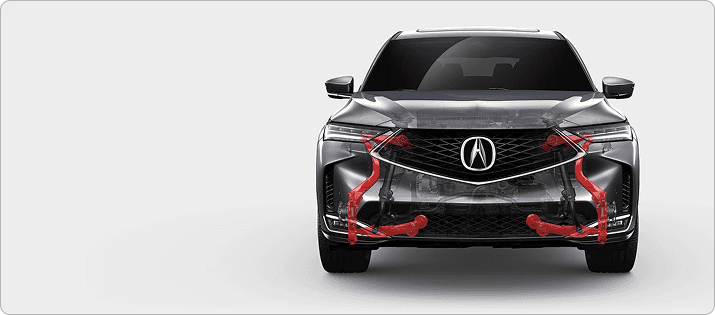2026 Acura MDX front view with double-wishbone suspension highlighted in red