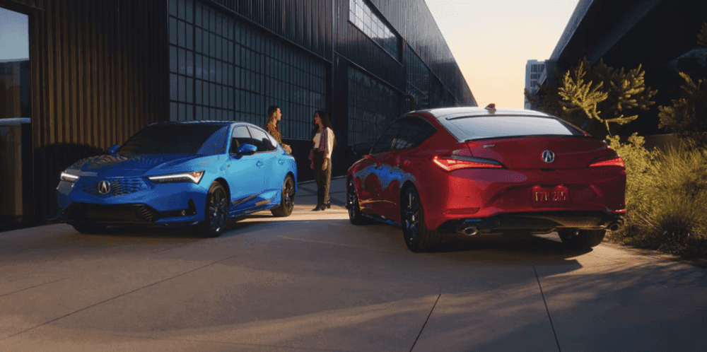 The 2026 Acura Integra A-Spec Technology Package in Double Apex Blue Pearl and Performance Red Pearl