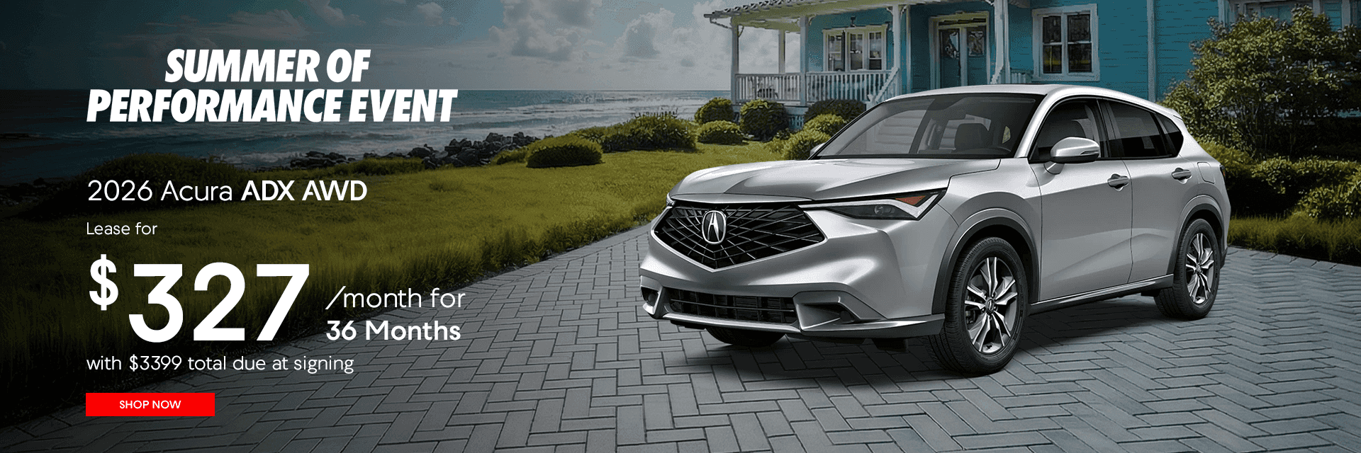 2026 Acura ADX AWD Lease Subtext $327 plus tax per month for 36 months with $3399 total due at signing plus tax and license