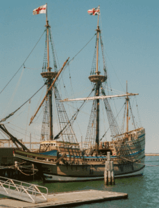 Sailboat docked in Plymouth Harbor.