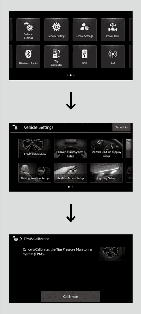 Grayscale graphic that aides a user in resetting the TPMS on a Honda with Google Built-In Touchscreen