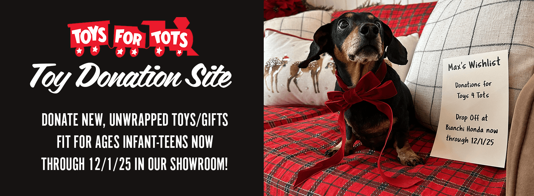 Toys 4 Tots slider with wiener dog sitting on couch asking for donations for 2025 toys 4 tots campaign