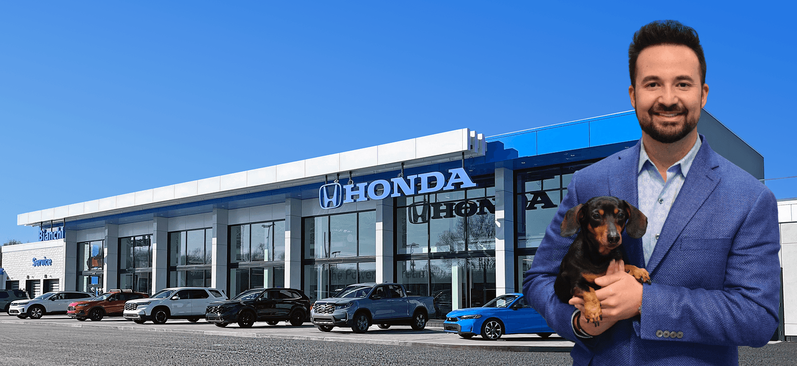 Bianchi Honda dealership store front with several cars parked out front and jason porreco in front of it holding Max 