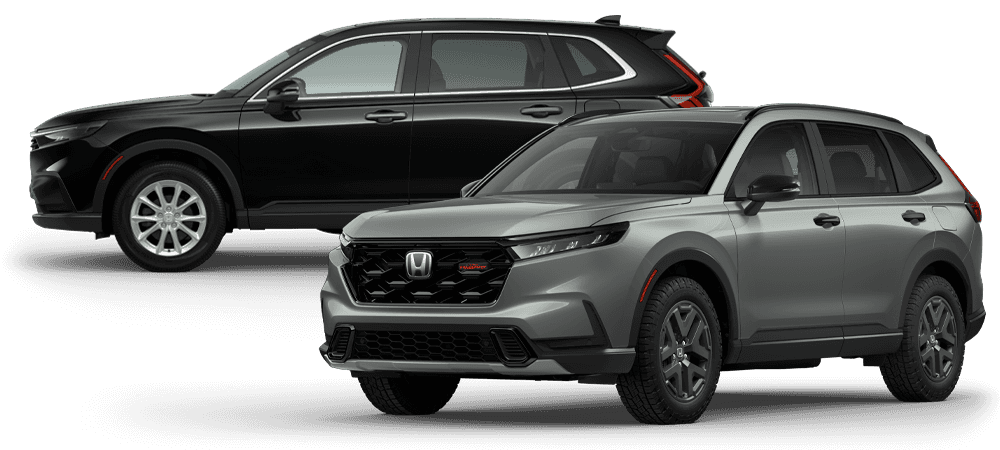 2026 CR-V TrailSport Hybrid SUV in Ash Green Metallic Paint and 2026 CR-V EX in Crystal Black Pearl Paint
