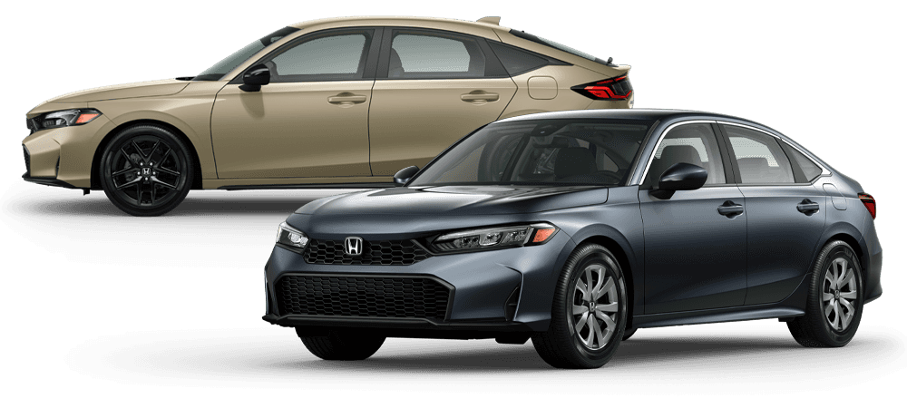 2026 Civic Sedan LX in Meteorite Gray Metallic Paint and Civic Hatchback Sport in Sand Dune Pearl Tan Paint