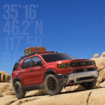 2026 Honda Passport in a rocky dessert setting with cargo on the roof and a topographical map graphic in the sky