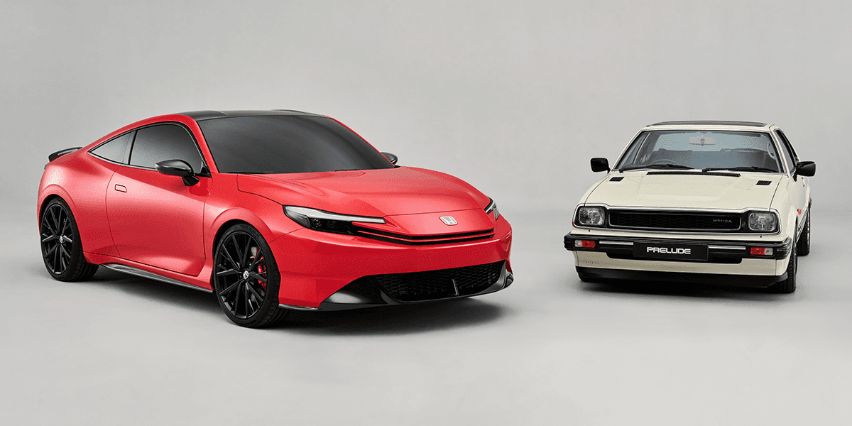 The 2026 honda prelude in rallye red next to a 1st generation honda prelude in white on a gray background