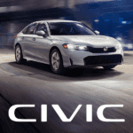 2026 honda civic lx in solar silver in a night city backdrop and civic logo at the bottom in white