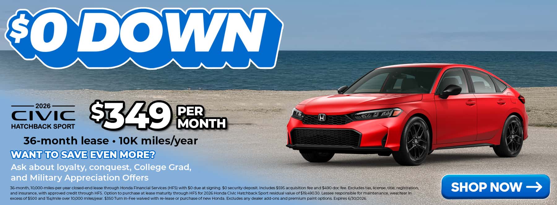 2026 Honda Civic Hatchback Sport in Rallye Red parked near lake erie with a lease offer card