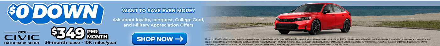 2026 Honda Civic Hatchback Sport in Rallye Red parked near lake erie with a lease offer card