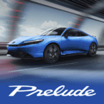 2026 honda prelude in boost blue pearl with a white prelude logo at the bottom over a blue gradient