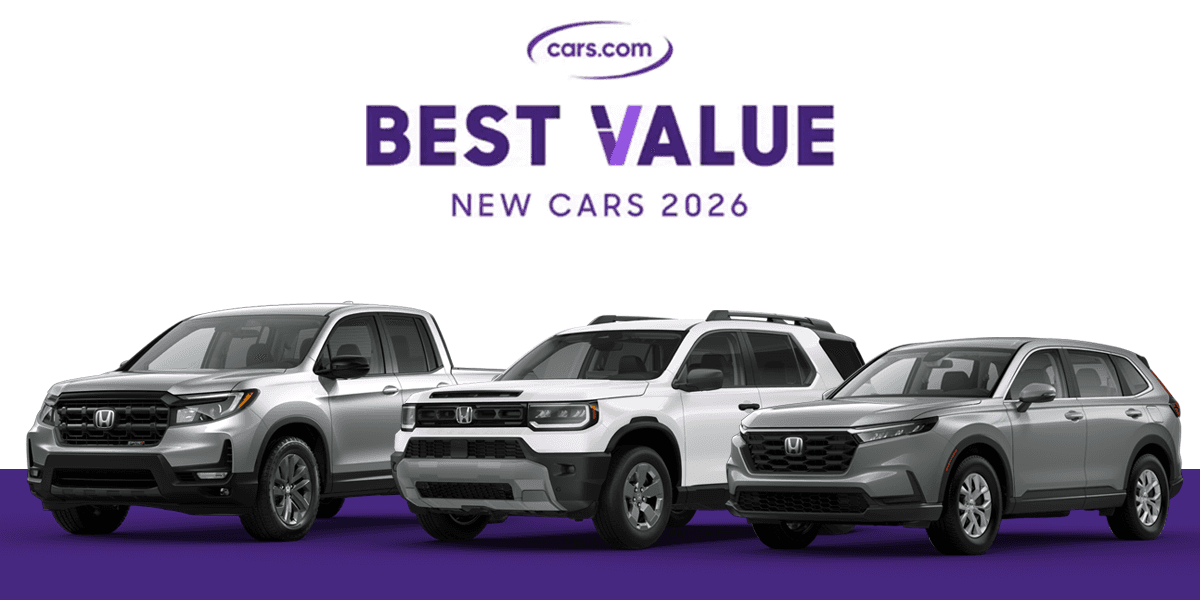cars.com best value new cars 2026 in purple text with ridgeline truck, passport, and cr-v suv in a line up