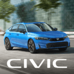 2026 honda civic hatchback in boost blue pearl driving with a blurred urban city landscape in background