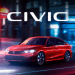 2026 honda civic sedan in rallye red driving in a dark and blurry cityscape