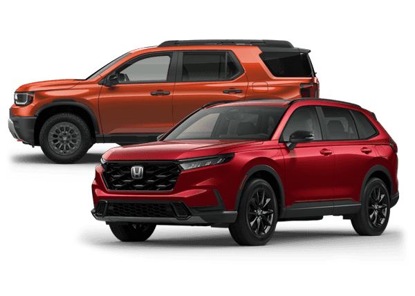 2026 Honda Passport in Sunset Orange behind a 2026 Honda CR-V in Radiant Red Metallic