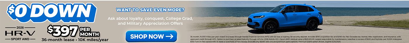 lease offer for hr-v sport awd in boost blue pearl staged in front of a beach on lake erie