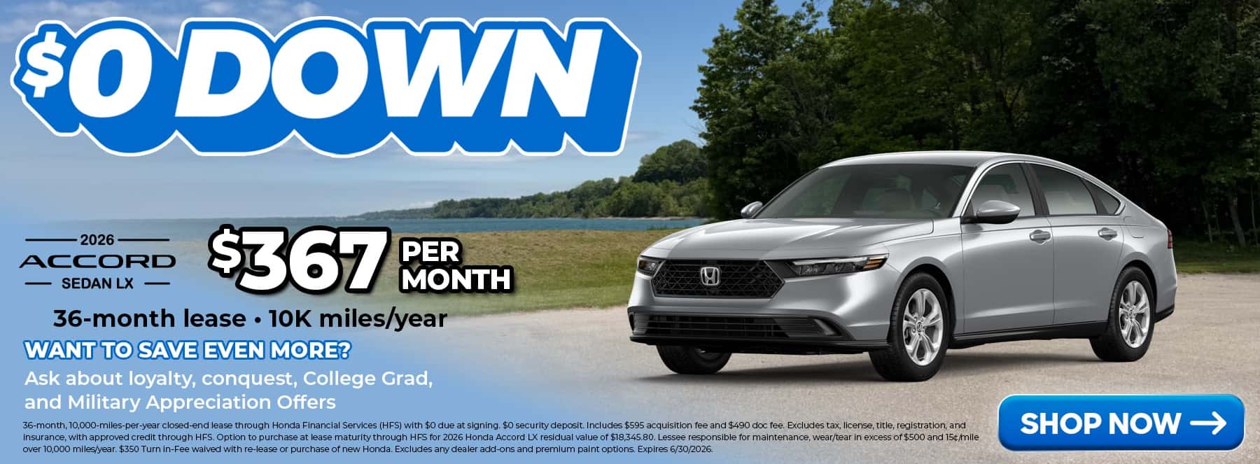 2026 Honda Accord Sedan LX parked near lake erie with lease offer card