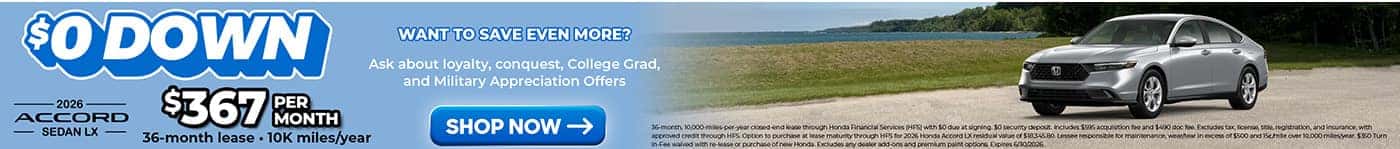 2026 Honda Accord Sedan LX parked near lake erie with lease offer card