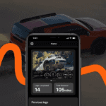 HTX app preview on an iphone with a Passport Trailsport in the background and an orange streak overlay behind the phone