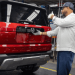 A Honda Production Associate gives a thumbs up on the successful installation of a tailgate for a Honda Passport in Radiant Red