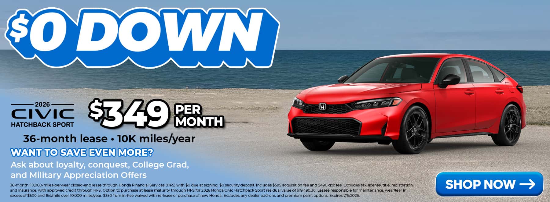 2026 Honda Civic Hatchback Sport in Rallye Red parked near lake erie with a lease offer card