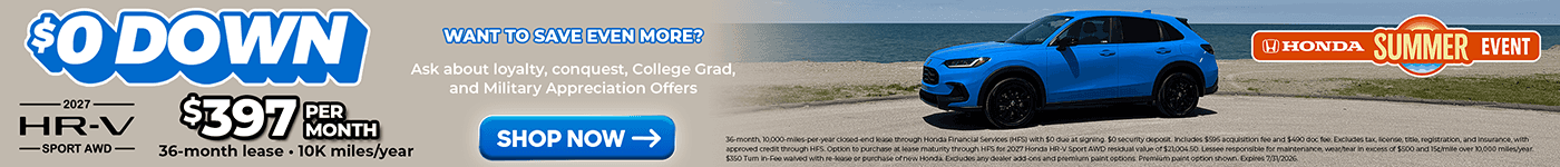 lease offer for 2026 honda hr-v in blue set on a beachy backdrop