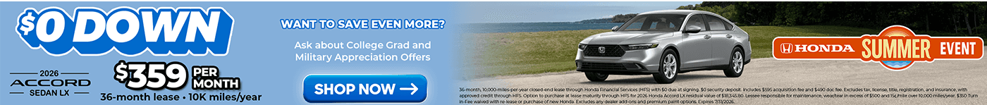 Lease Offer Slider for 2026 Honda Accord LX in Silver set on a beach backdrop