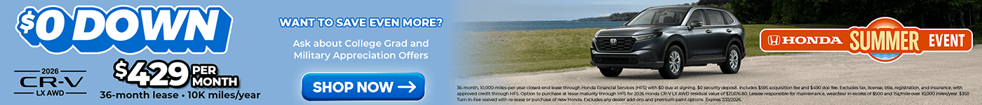 Lease Offer Slider for 2026 Honda CR-V in Gray set on a beach backdrop
