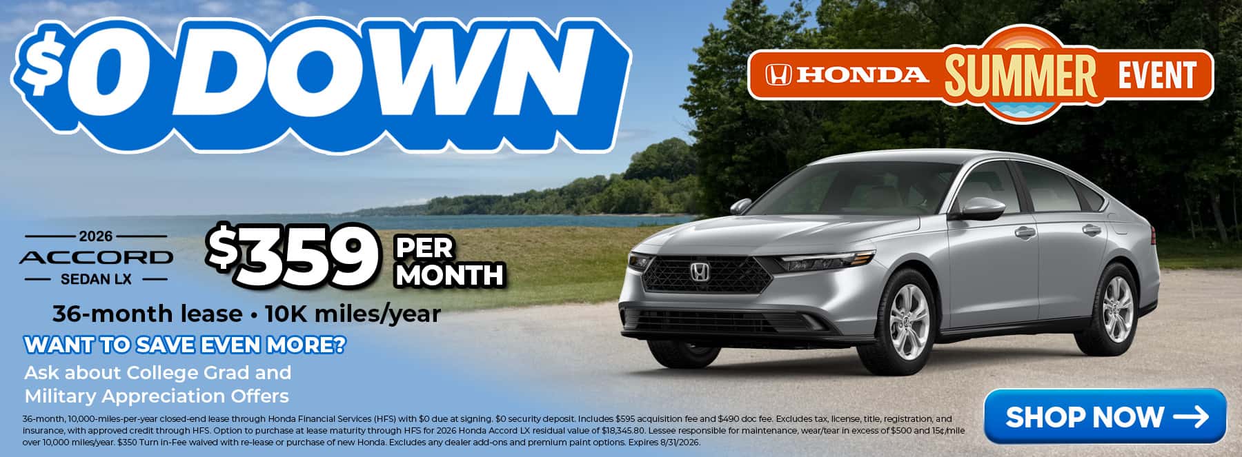 Lease Offer Slider for 2026 Honda Accord LX in Silver set on a beach backdrop