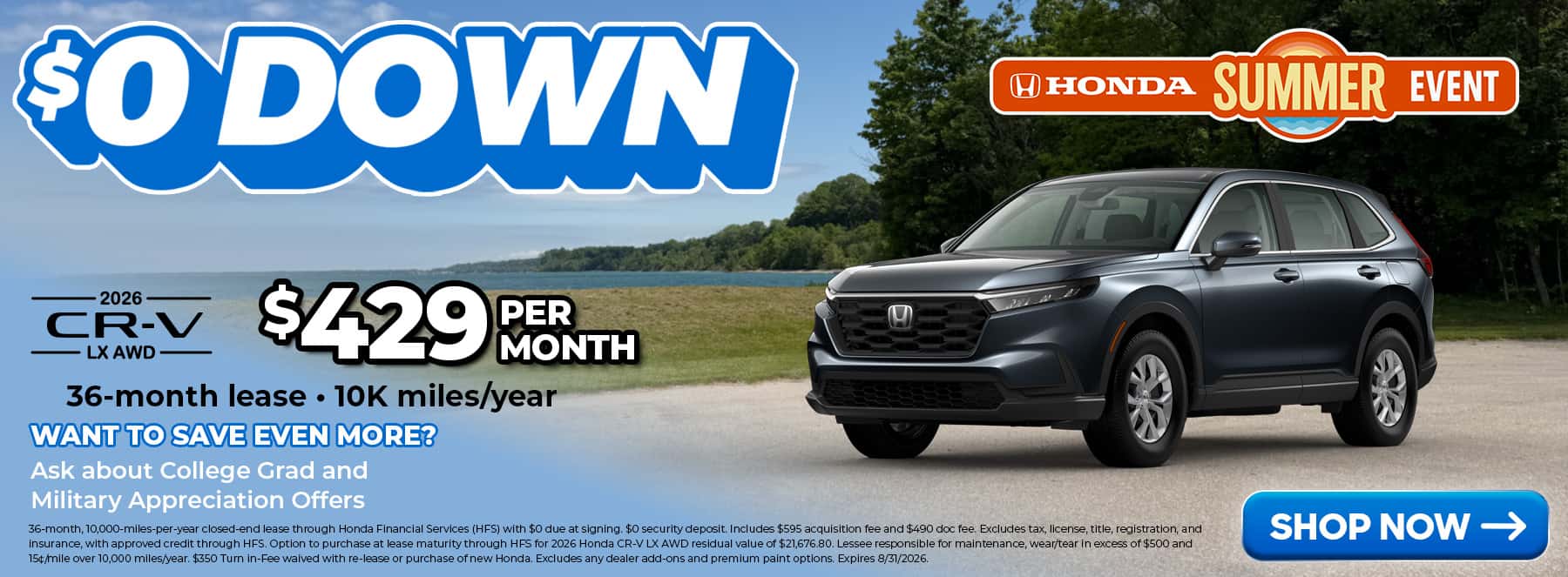 Lease Offer Slider for 2026 Honda CR-V in Gray set on a beach backdrop