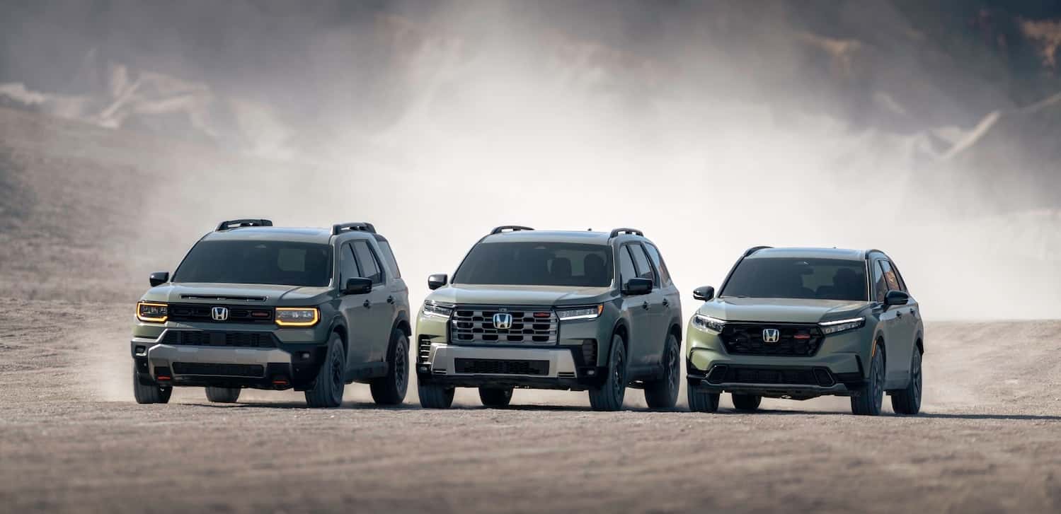 Honda lineup on rugged terrain