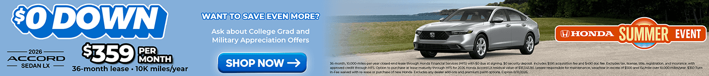Lease Offer Slider for 2026 Honda Accord LX in Silver set on a beach backdrop