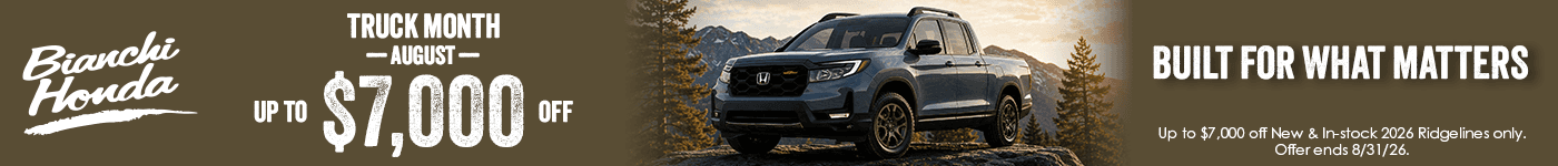 2026 Honda Ridgeline Truck on a rock with a mountain background with a text graphic offer for $7000 off during truck month in august and a slogan saying built for what matters