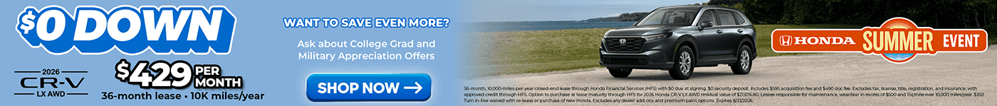 Lease Offer Slider for 2026 Honda CR-V in Gray set on a beach backdrop