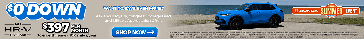 Lease Offer Slider for 2027 Honda HR-V in Blue set on a beach backdrop
