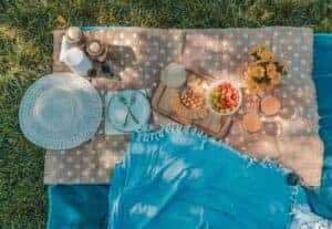blanket with silverware, plates, and snacks for a nice picnic
