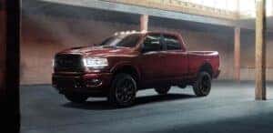 red 2024 RAM 2500 parked in a parking garage