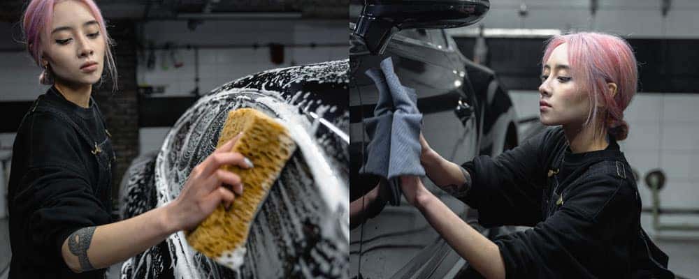 Woman Hand Washing Black Car
