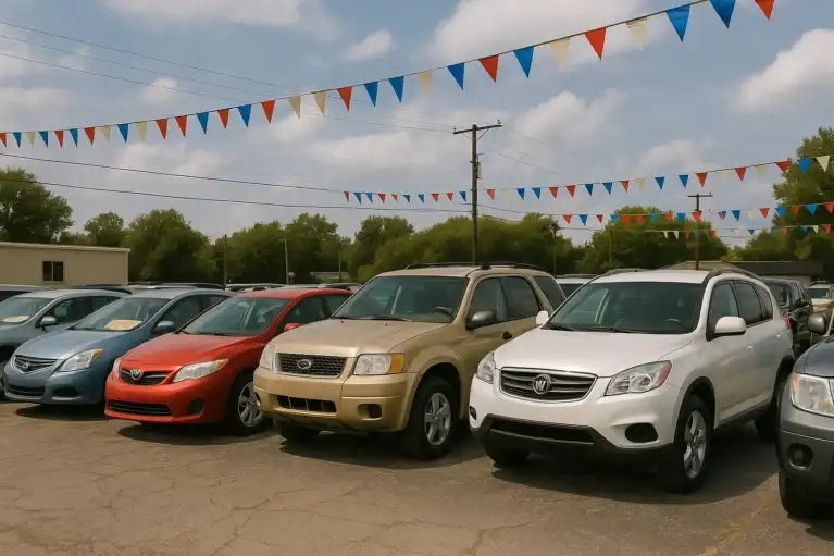 Used car lot with trucks and SUVs at CarHop dealership – affordable financing options for pre-owned vehicles across the U.S